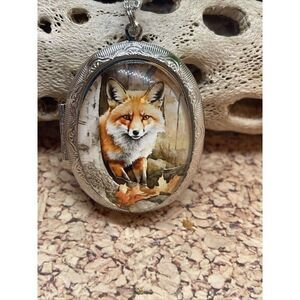 Silver Photo Locket Wedding Keepsake Ash Urn Locket Fox Foxes Rustic  Necklace